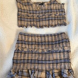 Fashion Nova Blue and Tan Plaid Skirt Set